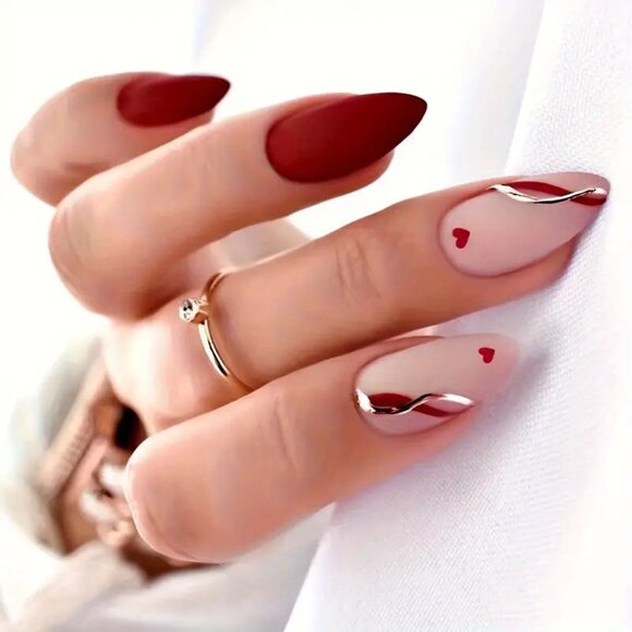 Fake Nails 24  Press On Style Red Hearts Swirl Glam Sexy Trendy Stylish Silver - Picture 1 of 4
